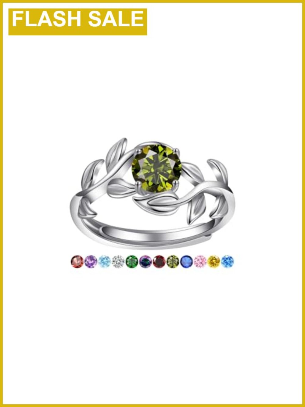 Adjustable White Gold Plated Leaf Ring Created Peridot Stacking
